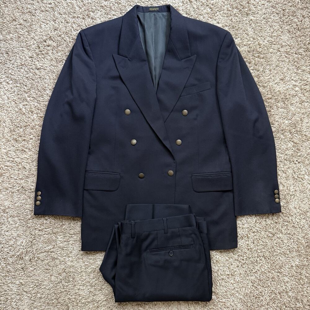 Vintage Oscar de la Renta Double Breasted 42R Navy Blue Wool Gold Button Blazer